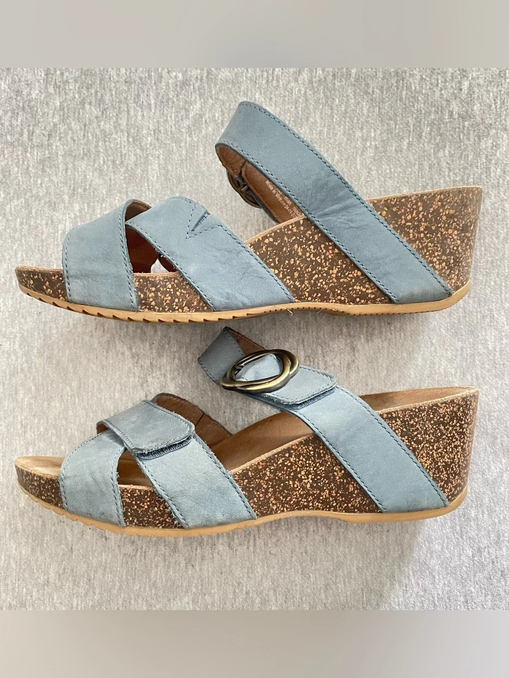 Dansko Susie Sz 38 US 7.5-8 Light Blue Cork Wedge Sandals with Buckle New No Box